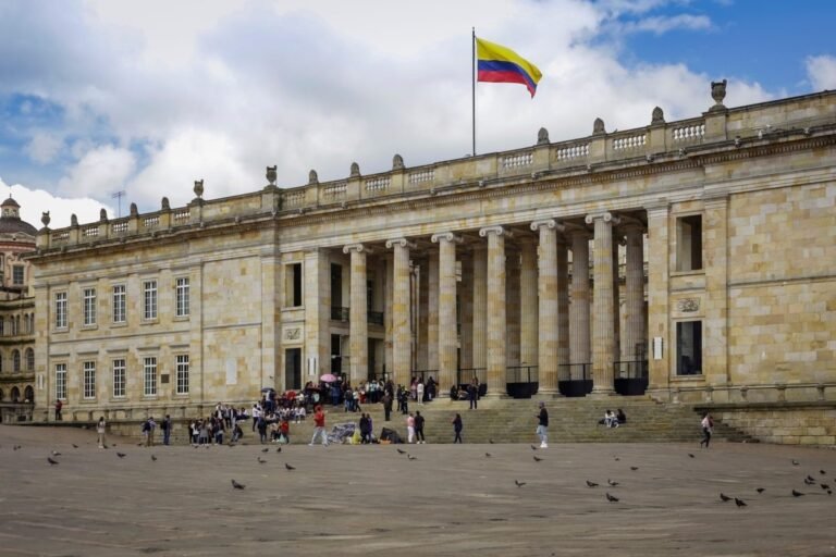 Edificio de piedra con columnas y una bandera de Colombia en lo alto, con personas y palomas en la plaza