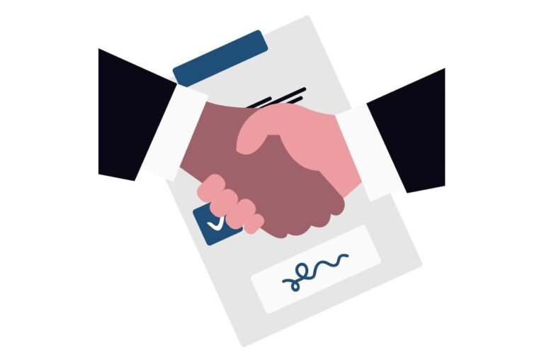 Ilustración de un apretón de manos sobre un contrato con firma.