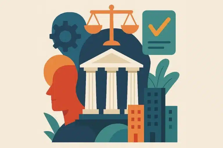 Ilustración de una balanza de la justicia, un edificio institucional y un documento aprobado, que representan la protección del consumidor financiero